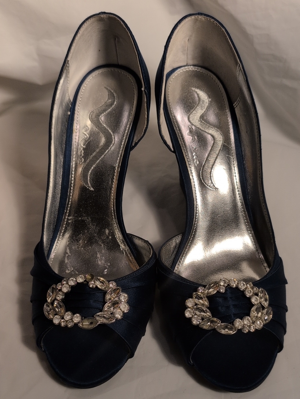 Nina Navy Satin Peep-Toe Heels with Crystal Buckle